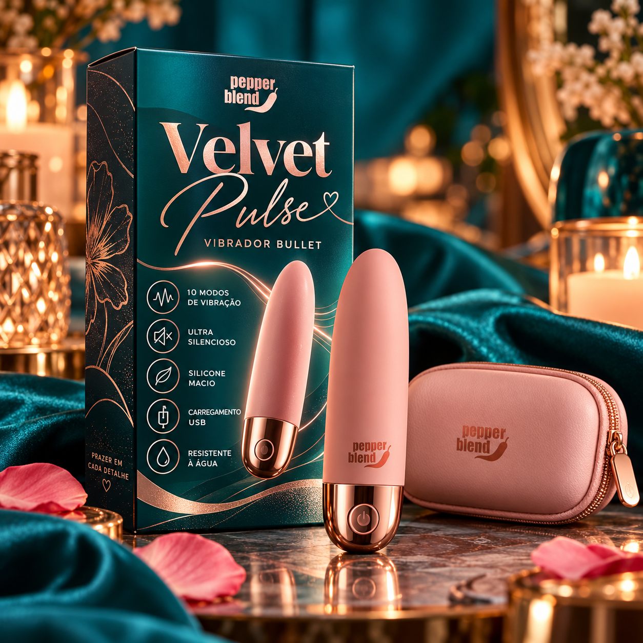 Vibrador Bullet Velvet Pulse — 10 Modos, Ultra Silencioso, Recarregável USB